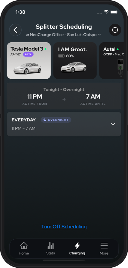 NeoCharge splitter scheduling screen